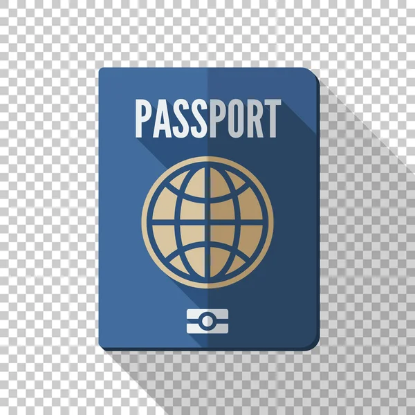 Icono de pasaporte en estilo plano con sombra larga sobre fondo transparente — Vector de stock