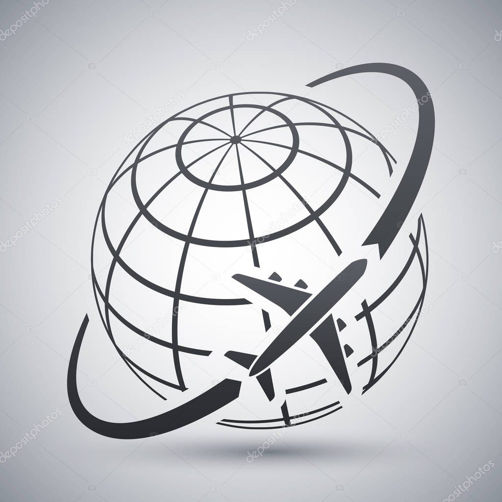 Airplane flies around the earth. Simple vector icon on a light gray background