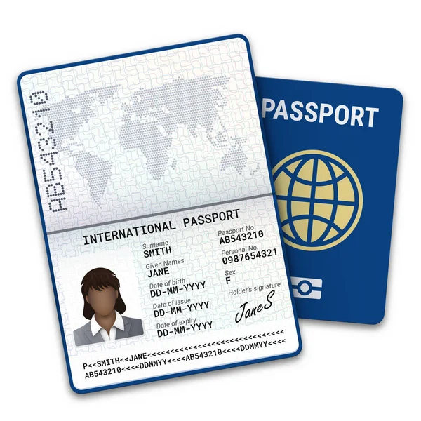 Nemzetközi női útlevél sablont a biometrikus adatok azonosítási, Fénykép egy fekete nő, aláírás és egyéb személyes adatokat. Vektoros illusztráció — Stock Vector