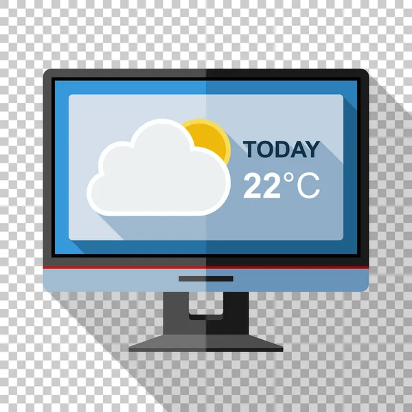 Иконка монитора в плоском стиле с виджетом погоды на экране и длинной тенью на прозрачном фоне — стоковый вектор
