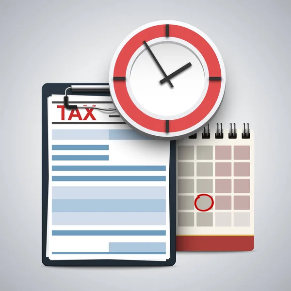 Schránka s daňový formulář, nástěnné hodiny a fanda kalendář. Pojmu daně den, výpočet, platby nebo return. Realistická vektorová ilustrace izolované na bílém pozadí — Stockový vektor