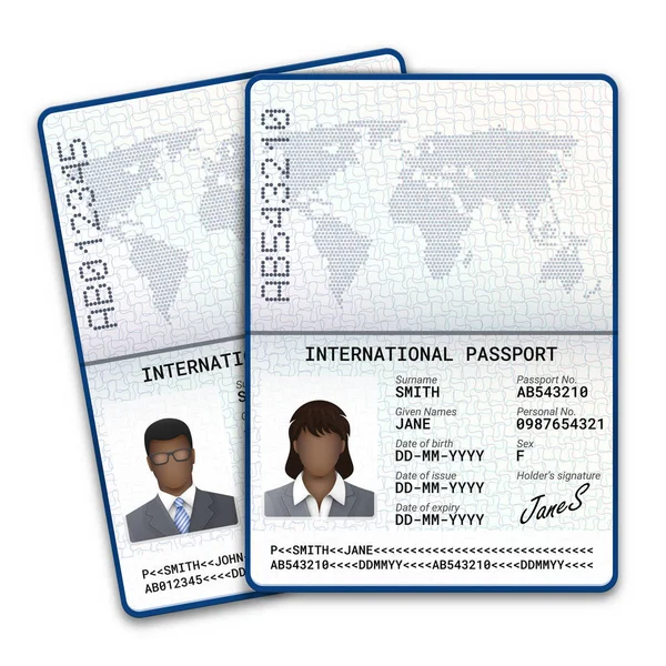 Pasaporte internacional de hombres y mujeres negros con muestra de foto, firma y otros datos personales. Ilustración vectorial — Vector de stock