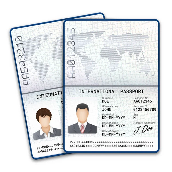 Pasaportes internacionales masculinos y femeninos con muestra de foto, firma y otros datos personales. Ilustración vectorial — Archivo Imágenes Vectoriales