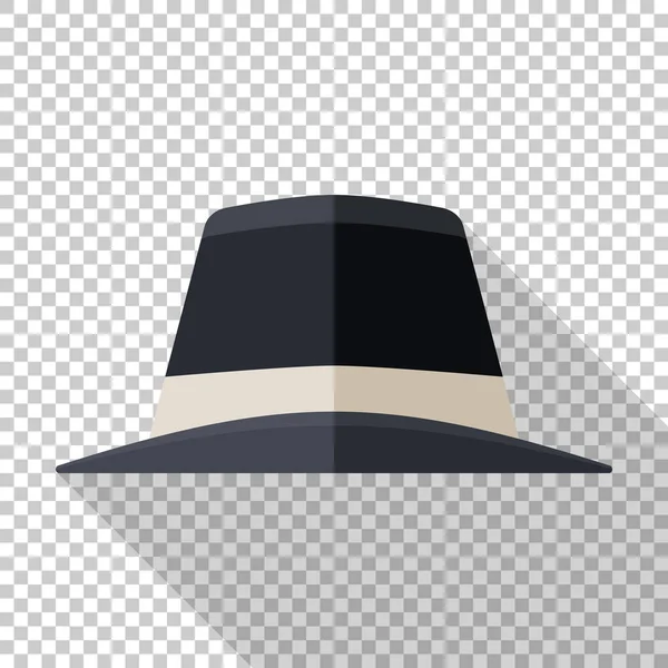 Icono clásico de sombrero de hombre en estilo plano con sombra larga sobre fondo transparente — Vector de stock