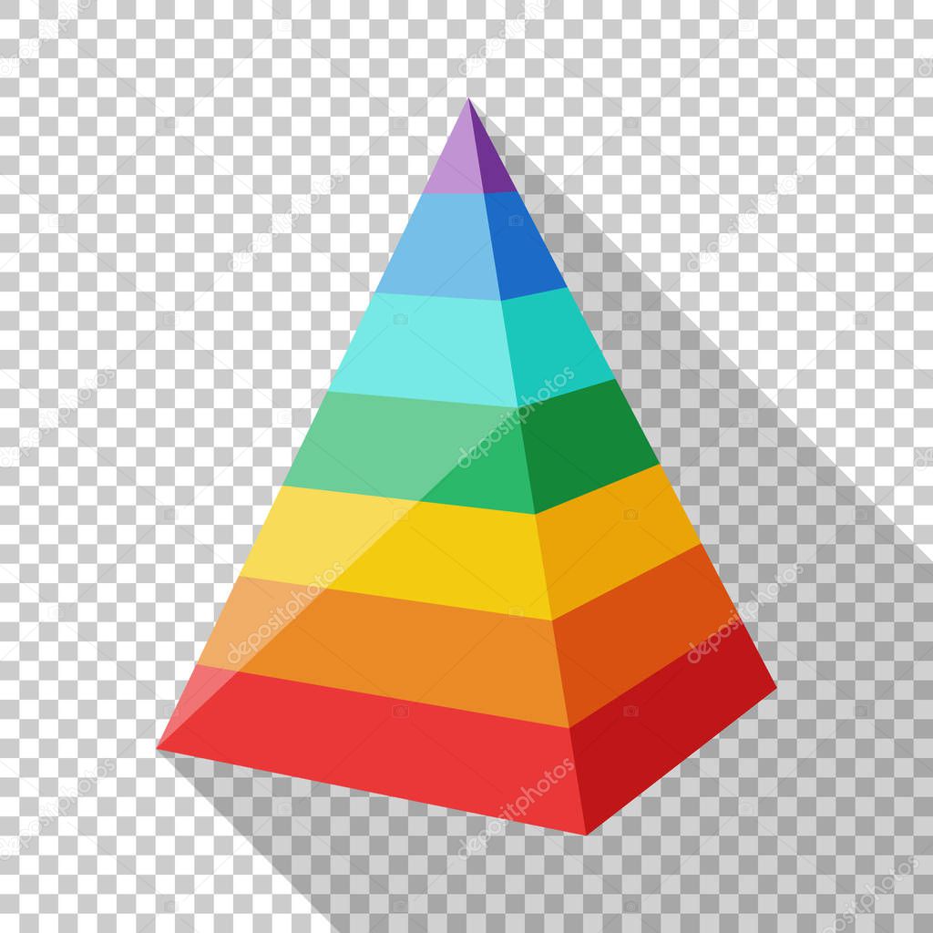 Color layered pyramid in flat style with long shadow on transparent background