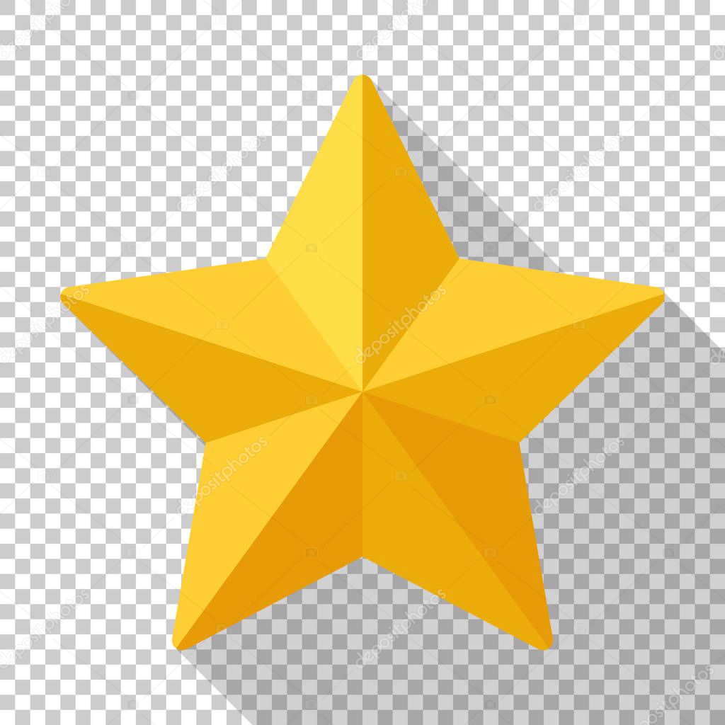 Gold star icon with long shadow on transparent background