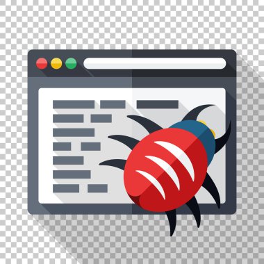 Yazılım ile program kodunda hata simgesi. Saydam arka plan üzerinde uzun gölge ile düz stil vektör çizim