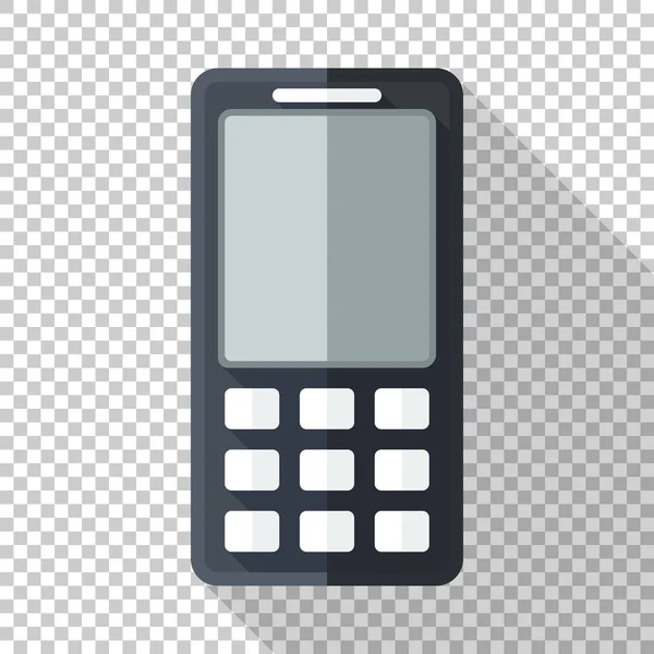 Classic mobile phone icon in flat style with monochrome LCD display and long shadow on transparent background — Stock Vector