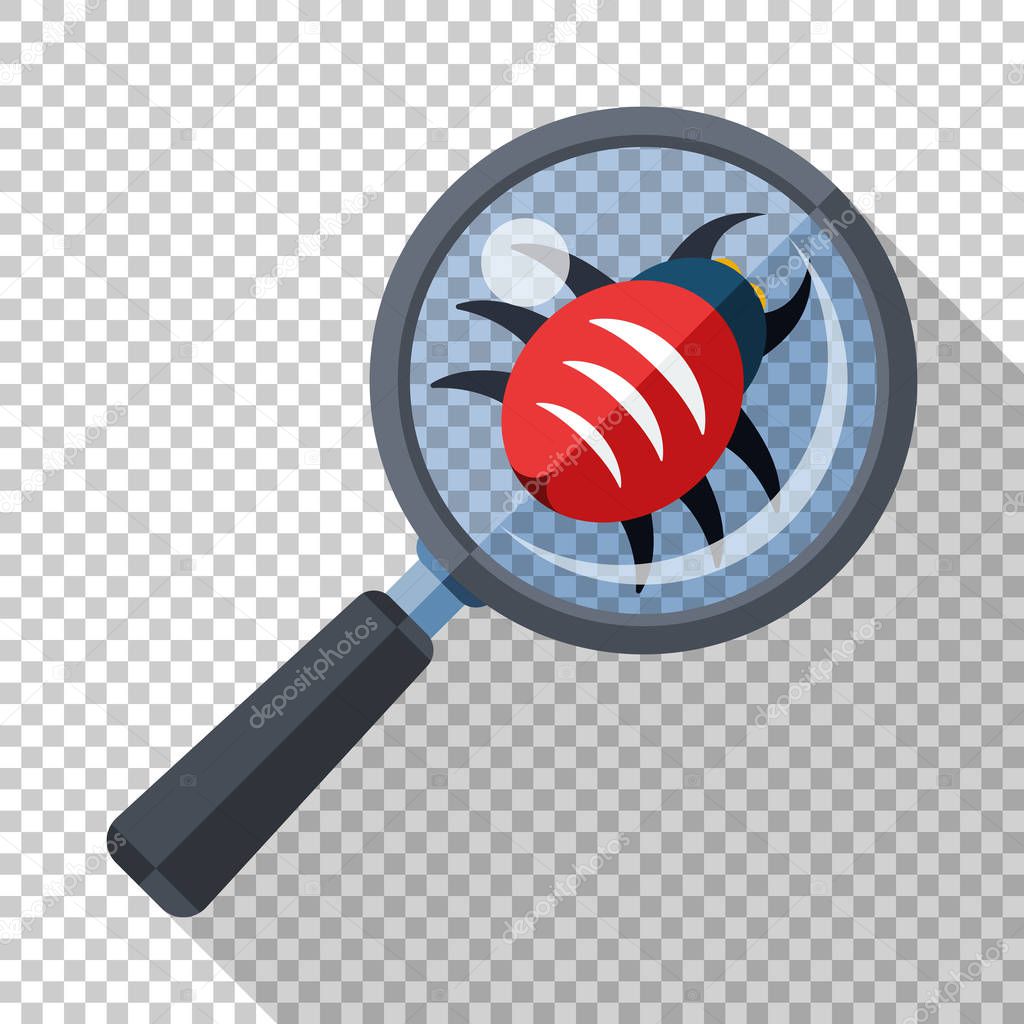 Bug under a magnifying glass. Concept of antivirus scanning icon in flat style with long shadow on transparent background