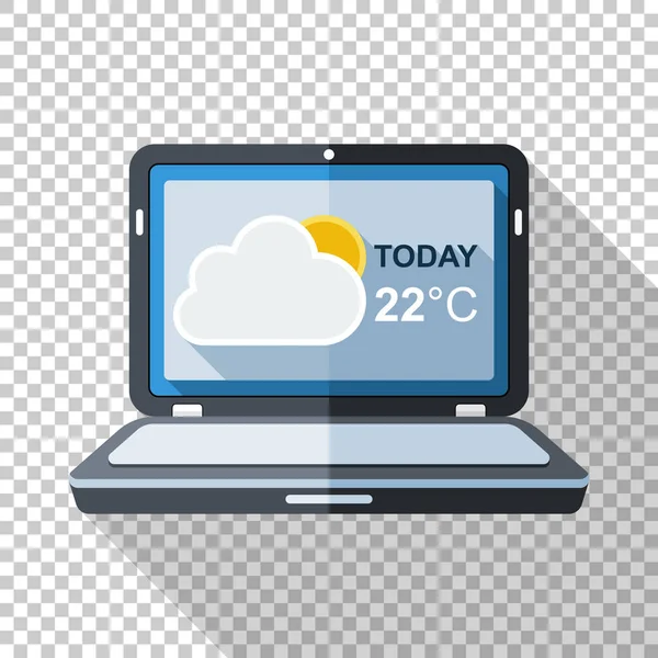 Ícone de laptop em estilo plano com widget de tempo na tela e sombra longa em fundo transparente — Vetor de Stock