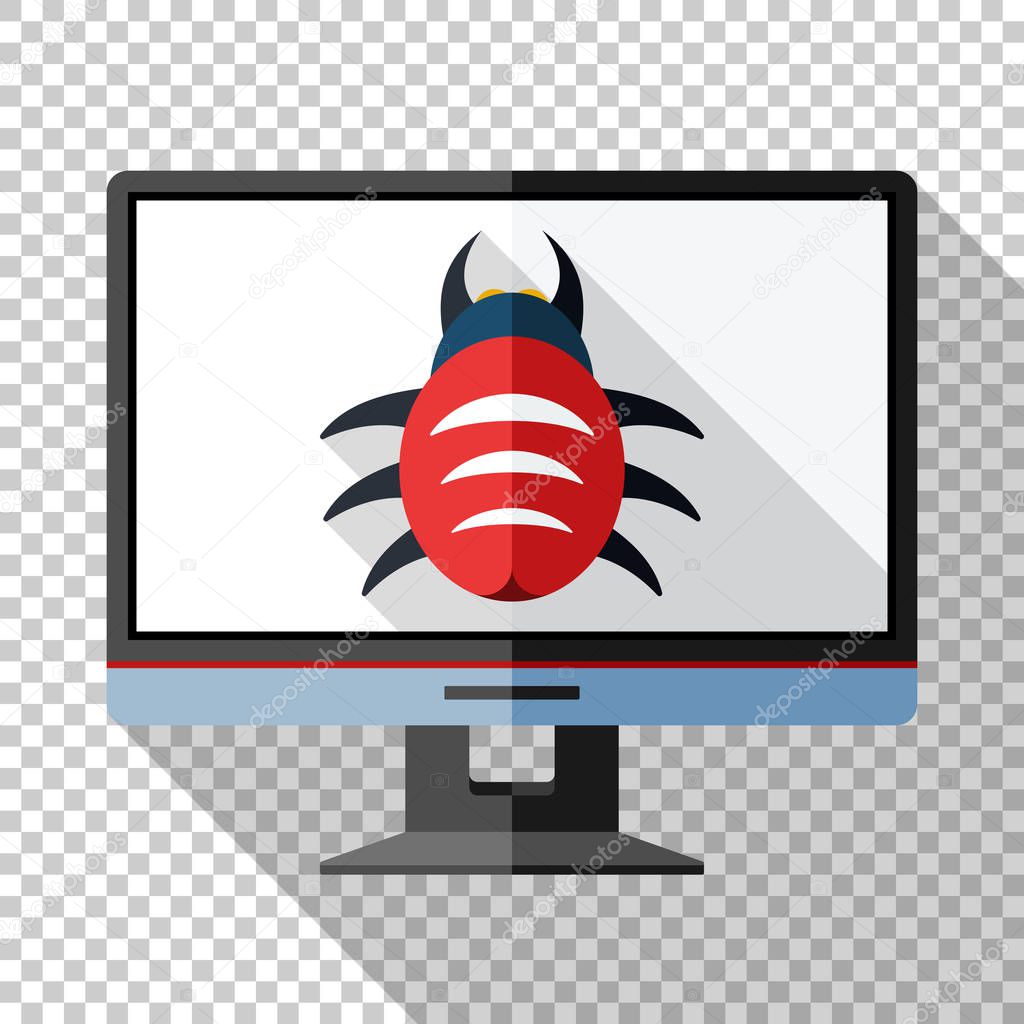 Monitor icon in flat style with bug on the screen and long shadow on transparent background