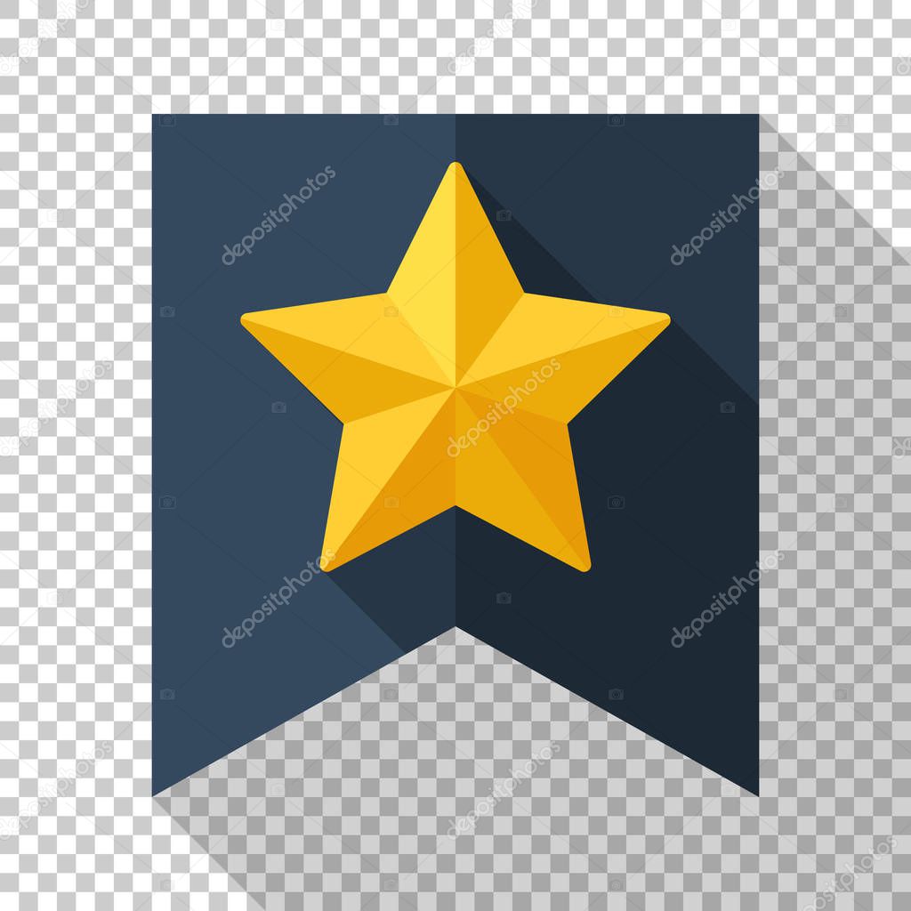Gold star on the flag icon in flat style with long shadow on transparent background