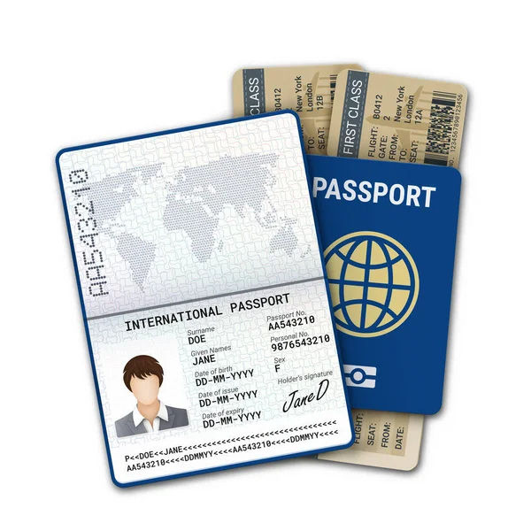 Pasaporte internacional y billete de avión. Plantilla de pasaporte femenino con identificación biométrica de datos y muestra de foto, firma y otros datos personales. Ilustración vectorial — Vector de stock