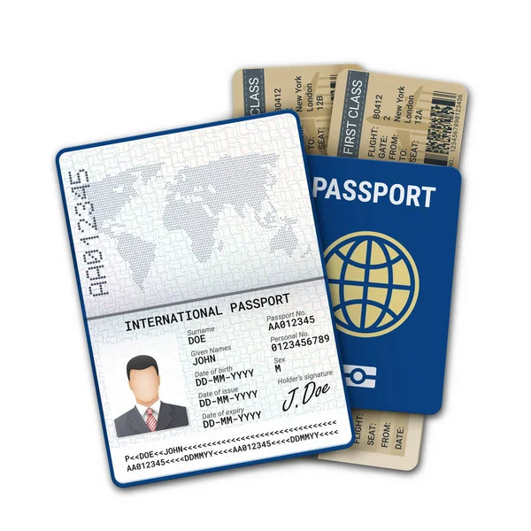 Pasaporte internacional y billete de avión. Plantilla de pasaporte masculino con identificación de datos biométricos y muestra de foto, firma y otros datos personales. Ilustración vectorial — Vector de stock