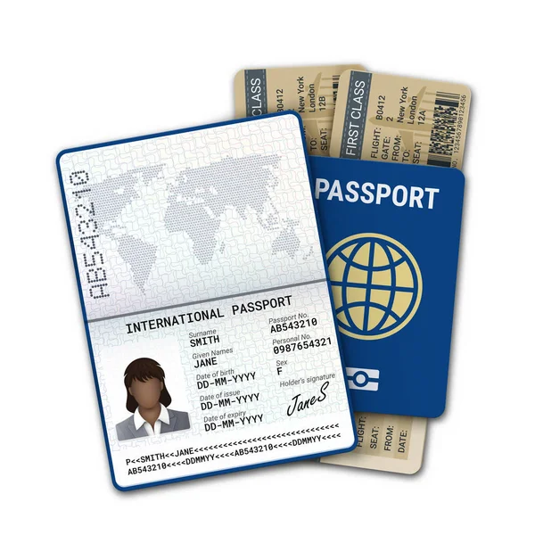 Pasaporte internacional y billete de avión. Plantilla de pasaporte de la mujer negra con identificación biométrica de datos, muestra de foto, firma y otros datos personales — Archivo Imágenes Vectoriales