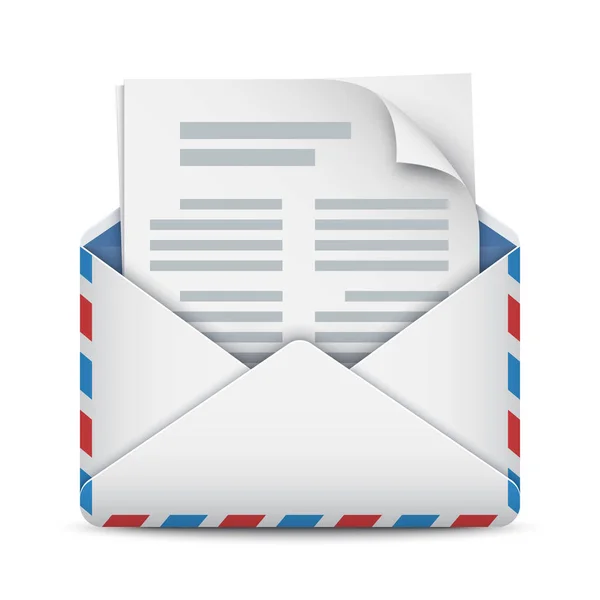 Nuevo mensaje, correo electrónico o icono de correo electrónico. Sobre abierto con carta. Ilustración vectorial sobre fondo blanco — Vector de stock