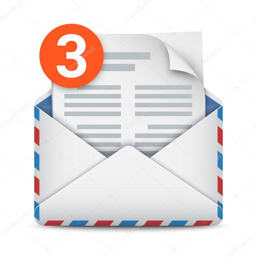 New message notification, three incoming messages, mail or email icon. Opened envelope with letter and message counter. Vector illustration on white background