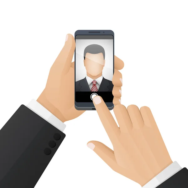 Homem em um terno de negócios tira uma foto de selfie no smartphone. Smartphone moderno em mãos masculinas. Ilustração vetorial — Vetor de Stock
