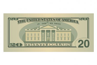 Twenty dollars bill. 20 US dollars banknote, back side. Vector illustration on white background