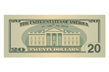 Twenty dollars bill. 20 US dollars banknote, back side. Vector illustration on white background clipart