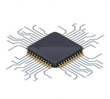 Processor or electronic chip on circuit board with conductive tracks and soft realistic shadow. Isometric vector clipart