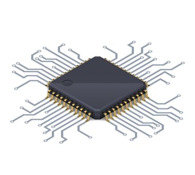 Processor or electronic chip on circuit board with conductive tracks and soft realistic shadow. Isometric vector clipart