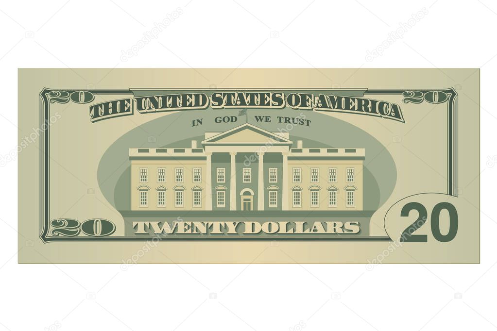 Twenty dollars bill. 20 US dollars banknote, back side. Vector illustration on white background