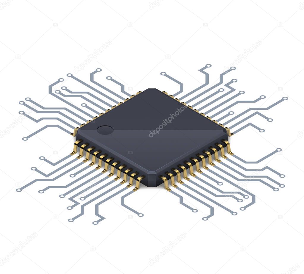 Processor or electronic chip on circuit board with conductive tracks and soft realistic shadow. Isometric vector