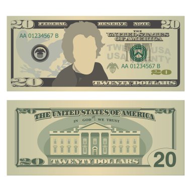 Twenty dollars bill. 20 US dollars banknote, from front and back side. Vector illustration on white background