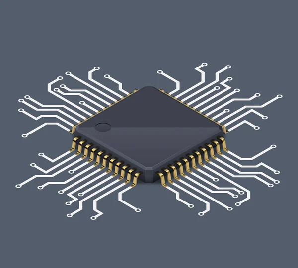 Chip de computadora o procesador en placa de circuito con pistas conductoras y sombra realista suave. Vector isométrico — Archivo Imágenes Vectoriales