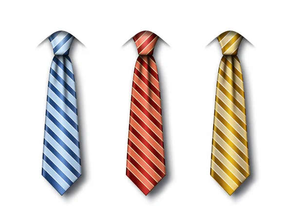 Set of striped ties in different colors on white background. Fathers Day greeting card template with blue, red and gold necktie. Vector illustration — Stock Vector