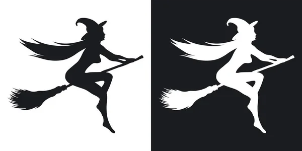 Silhouet van een sexy heks die vliegt op een bezemsteel, Halloween illustratie. Vector pictogram op zwart-wit achtergrond — Stockvector