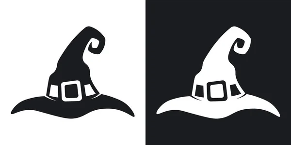 Heks hoed silhouet, Halloween illustratie. Tweekleurig vector pictogram op een zwart-witachtergrond — Stockvector