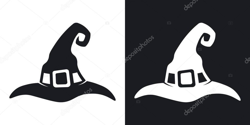 Witch hat silhouette, halloween illustration. Two-tone vector icon on black and white background