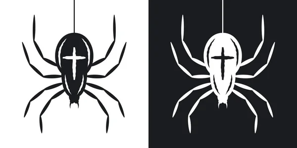 Silhouette der Spinne steigt auf dem Spinnennetz, Halloween-Illustration. Zwei-Ton-Vektorsymbol auf schwarzem und weißem Hintergrund — Stockvektor
