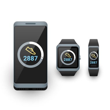 Akıllı telefon, akıllı saat ve aktivite fitness izci ekrandaki adımlar sayaç uygulaması ile. Vektör çizimi