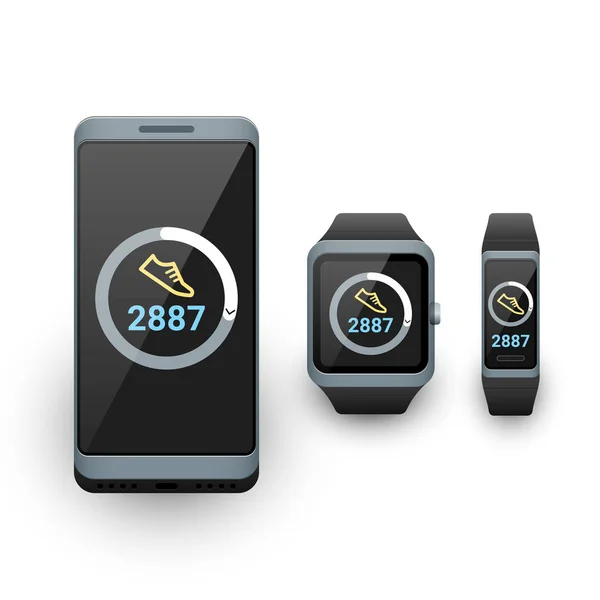 Akıllı telefon, akıllı saat ve aktivite fitness izci ekrandaki adımlar sayaç uygulaması ile. Vektör çizimi — Stok Vektör