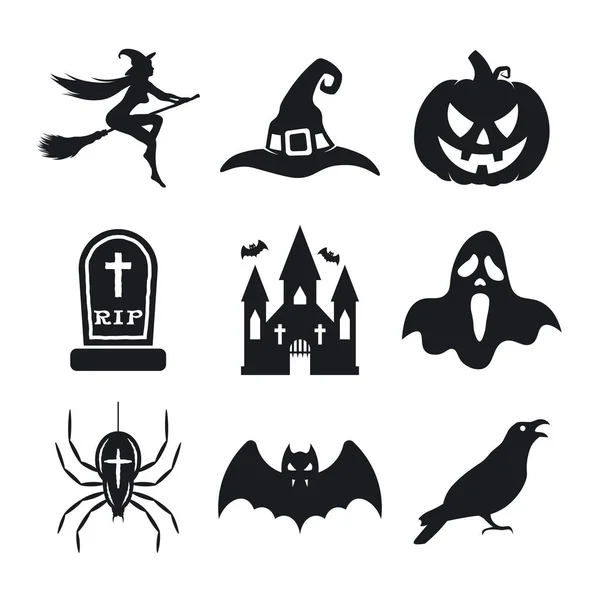 万圣节图标设置。南瓜，女巫，蝙蝠，巫婆帽，鬼，蜘蛛，坟墓，乌鸦和女巫城堡。白色背景上的矢量图标 — 图库矢量图片