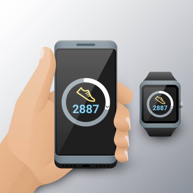 Akıllı telefon elinde ve akıllı saat sayma adımları uygulaması ile. Cep telefonu ve fitness izci ekranında adım sayma uygulaması yürü