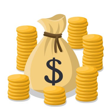 Bir dolar işareti ve altın paralarla bağlanmış para çantası. Çizgi film tarzında vektör illüstrasyonu beyaz arkaplanda izole edildi