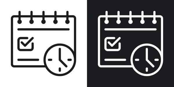 締め切りのコンセプトアイコン 時計と日付がティックでマークされたカレンダー 黒と白の背景にミニマルな2トーンベクトルイラスト — ストックベクタ