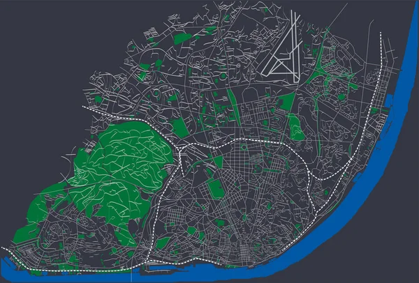 Lissabon Portugal Wegen Straten Nacht Versie Vector Netwerkoverzicht — Stockvector