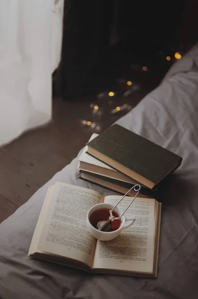 Aconchegante Casa Ainda Vida Xícara Chá Quente Com Peneira Livro — Fotografia de Stock