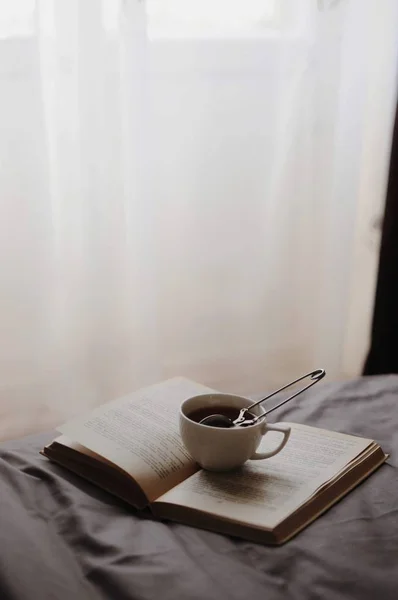 Rahat ev natürmort: elek ve açık kitap gri yatakta sıcak çay. Coziness ve okuma kavramı. Rahatlatıcı sabah. Kış tatili, kopya alanı ücretsiz