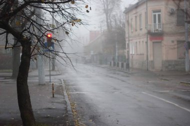 Yol sisli sabah şehirde.