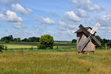 Forest yakınındaki geniş yeşil alanda bir terkedilmiş ahşap fırıldak. Kulübeler ve başka konstrüksiyonlar sonraki stand
