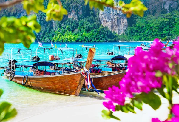 Thailand Phi Phi Island Beach Bay Many Traditional Longtail Boats — Stock Photo, Image