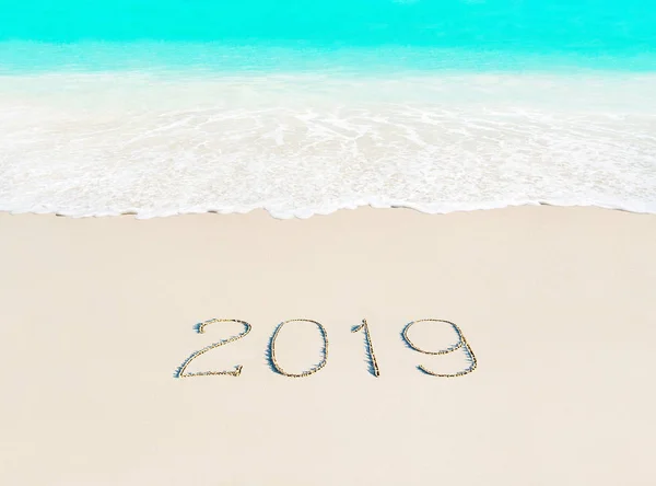 Happy New Year 2019 travel season concept on azure tropical sandy beach - winter vacation in hot countries background