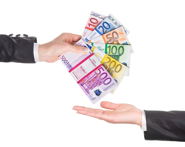 Business Woman Hand Black Office Suit Euro Banknotes Packages Fantail Stock Image