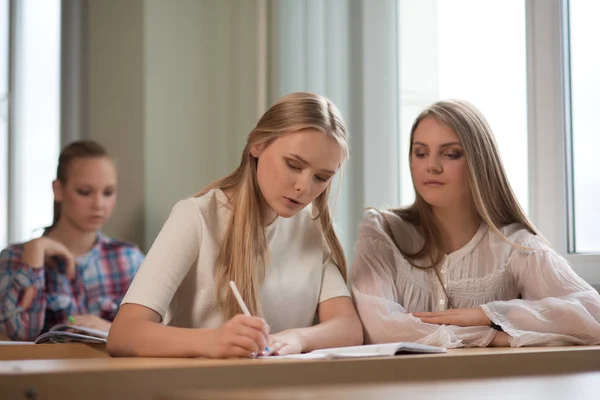 Student meisjes zitten aan een bureau — Stockfoto